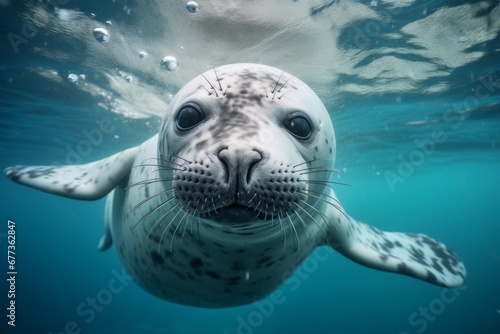 leopard seal swimming underwater in the antarctic sea towards the camera photo