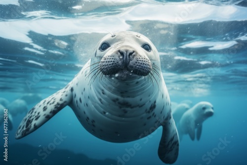 leopard seal swimming underwater in the antarctic sea towards the camera © urdialex