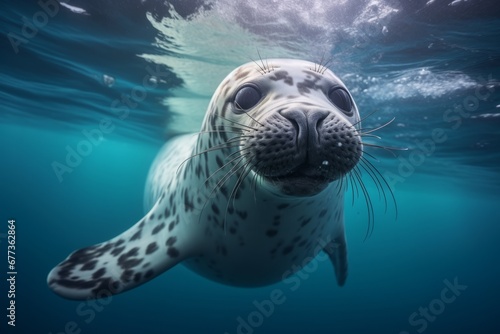 leopard seal swimming underwater in the antarctic sea towards the camera