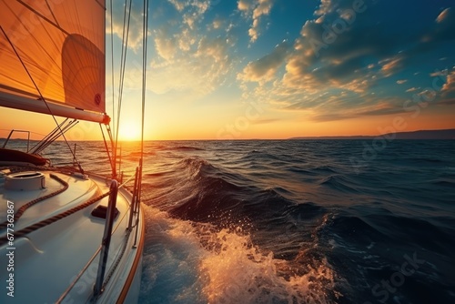 Close-up view of a sailing boat at sunset driving in blue sea.