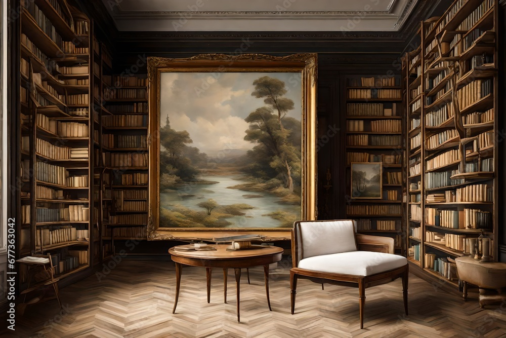 A Canvas Frame for a mockup, standing as a testament to timelessness amidst a scene of vintage bookshelves and classic artwork in an old styled drawing room