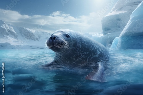 a seal diving underwater in atarctica photo