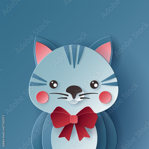 Vector cute christmas paper cut 3d cat with shadow on colored background. Winter animal design  for presentation, banner, cover, web, flyer, card, sale, poster, slide and social media	