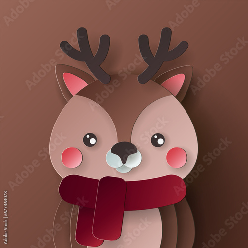 Vector cute christmas paper cut 3d  deer with shadow on colored background. Winter animal design  for presentation, banner, cover, web, flyer, card, sale, poster, slide and social media	