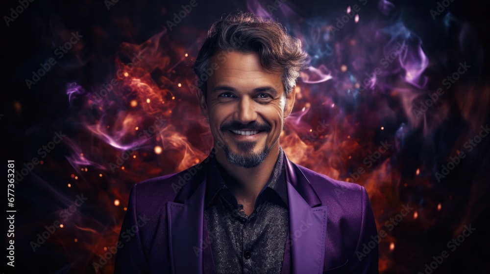 Enchanting magician in mystical purple attire isolated on a sparkling silver gradient background Enchanting magician in mystical purple attire isolated on a sparkling silver gradient background