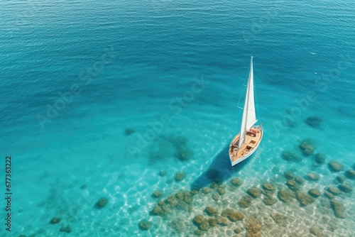 Aerial view of a sailing boat driving in blue sea.