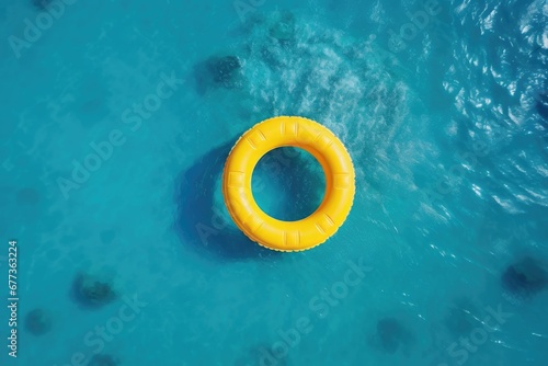 Close-up view of a swimming ring in clear sea water with beautiful light pattern on beach. Summer tropical vacation concept.