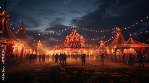 Mesmerizing circus night under indigo sky highlighted with golden and scarlet lights 