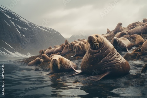 a walrus colony on ice far north  in the arctic sea photo