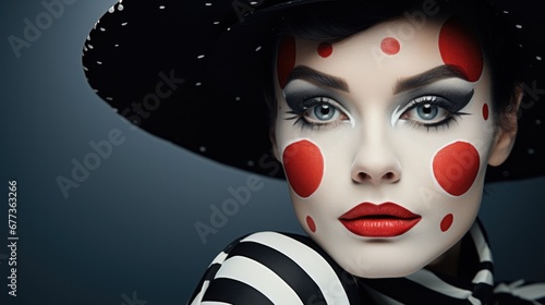 Vintage clown makeup artistry in red black and white isolated on a gradient background 