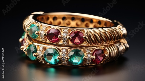 Circus-themed ruby emerald and gold jewelry isolated on a gradient background 