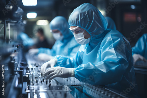 Pharmaceutical workers or technologists in protective equipment controlling the quality of vaccine production in a factory