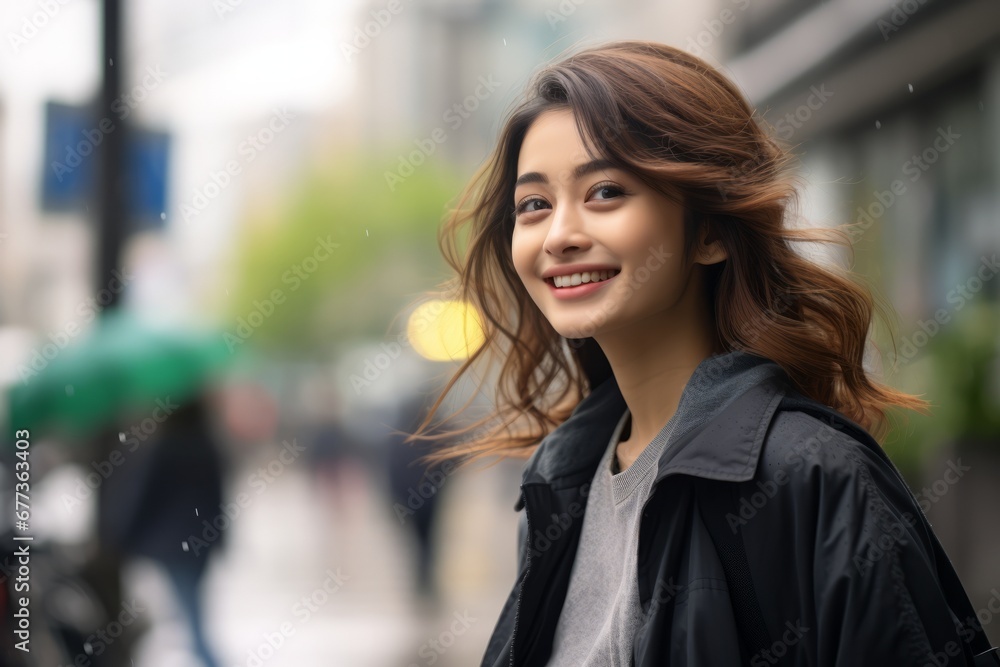 young asian woman on the streets looking to camera with a smile young asian woman on the streets looking to camera with a smile
