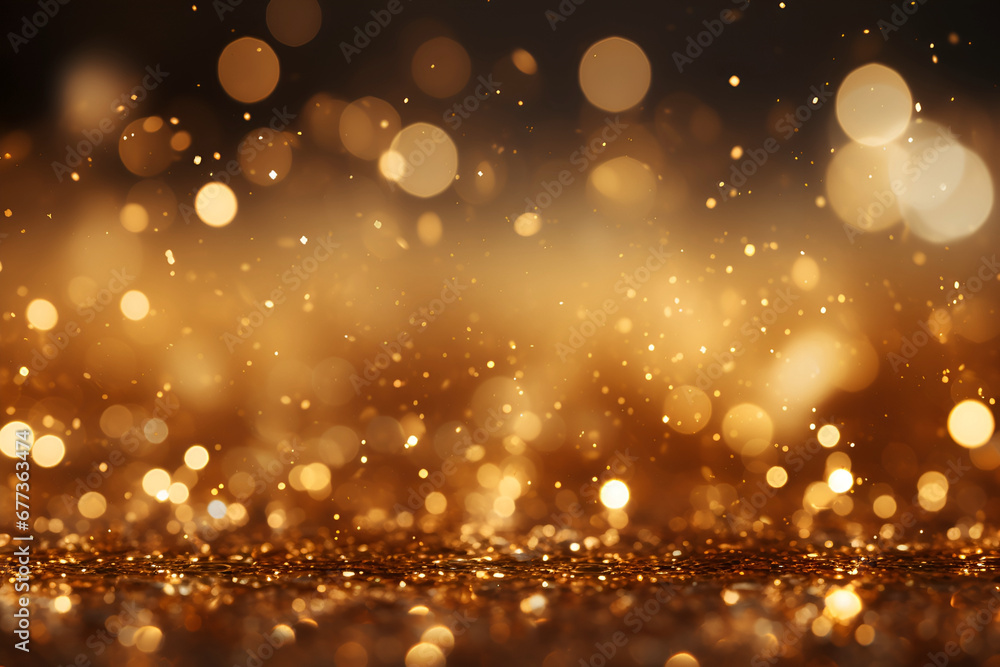 golden christmas particles and sprinkles for a holiday celebration like christmas or new year. shiny golden lights. wallpaper background for ads or gifts wrap and web design - obrazy, fototapety, plakaty 