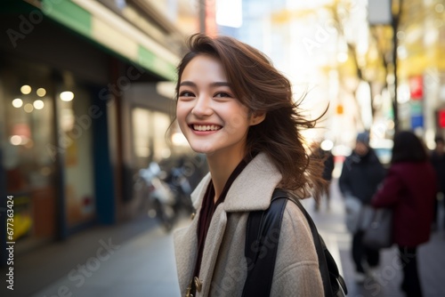 young asian woman on the streets looking to camera with a smile