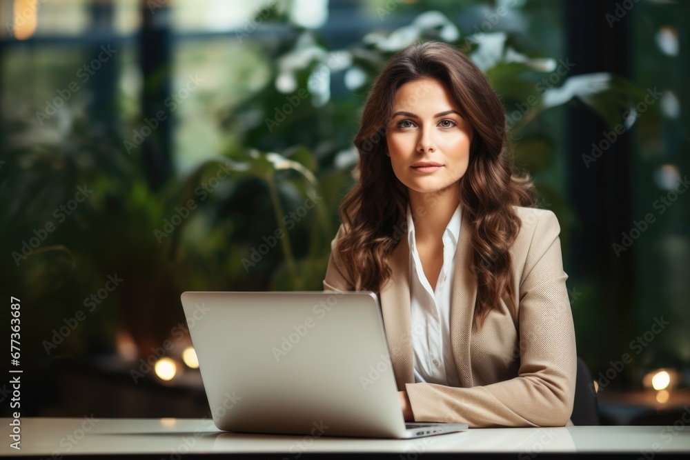 Resilient female leader managing virtual workspace background with empty space for text Resilient female leader managing virtual workspace background with empty space for text