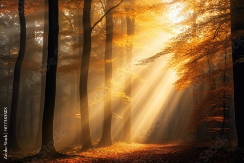 Autumn foggy woods with sun light ray and beautiful Fall foliage colors. Autumn seasonal concept.