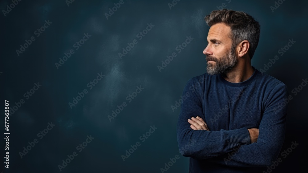Introverted leader in contemplative pose moody indigo study background with empty space for text 