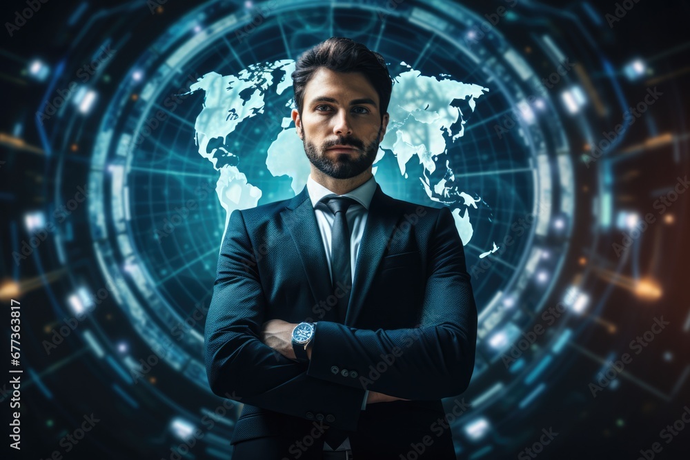 Digital era global leader overseeing time-zones background with empty space for text Digital era global leader overseeing time-zones background with empty space for text