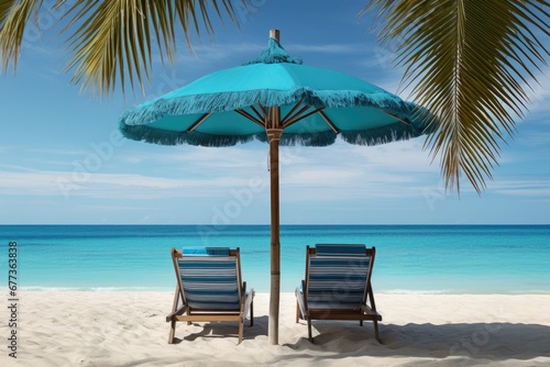Beach chair with umbrella in luxury resort with beautiful seascape on beach. Summer tropical vacation concept. © rabbit75_fot