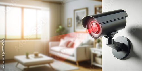 Home security camera monitoring living room, modern surveillance technology for safety, residential protection concept