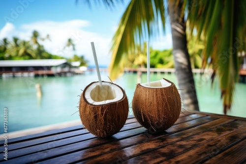 Close-up view of opened coconut, palm tree leaves in a luxury vacation resort. Summer tropical vacation concept.