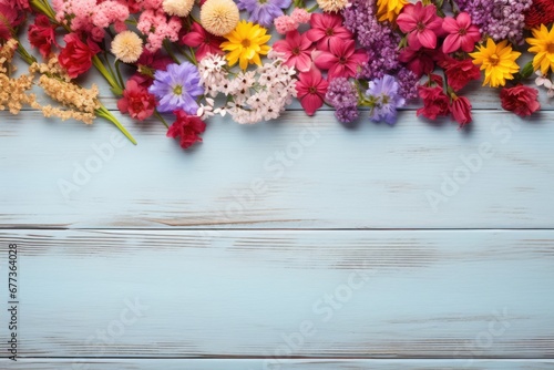 Wild flower collected with variable colors on wood background in Spring. Space for text. Spring seasonal concept.