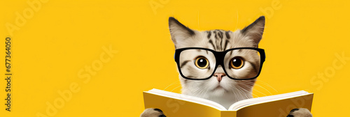 Cute kitten with glasses reads a book on a yellow background. Adorable kitten with big eyes wearing glasses on yellow with space for text. Surprised cat in glasses holding opened book. Knowledge conce photo