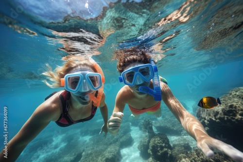 Close-up view of monther and daughter snorkeling in sea. Water sports. Summer tropical vacation concept.