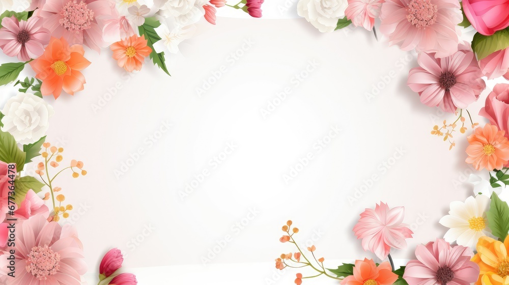 Stunning, colorful flower border with ample white space, a perfect template for cards, wedding invites, and diverse graphic designs.
