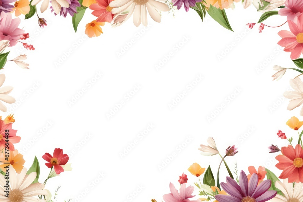 Stunning, colorful flower border with ample white space, a perfect template for cards, wedding invites, and diverse graphic designs.