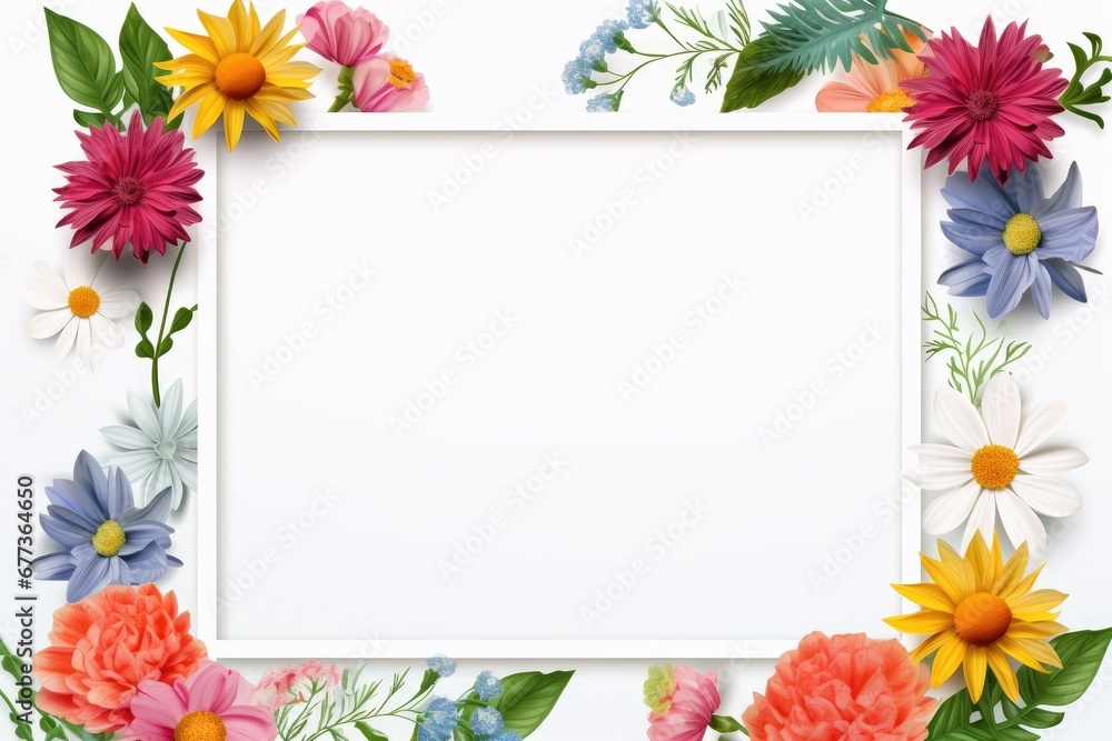 Obraz premium Stunning, colorful flower border with ample white space, a perfect template for cards, wedding invites, and diverse graphic designs.