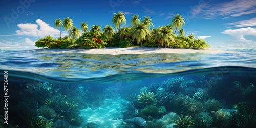 Beautiful underwater view of tropical island beach in Summer. Summer vacation concept.