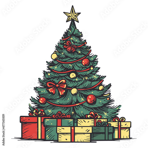 Christmas tree with gifts. Christmas tree is decorated with festive decorations, balls, and garlands. Presents for children from Santa on Christmas morning. Vector isolated illustration. PNG