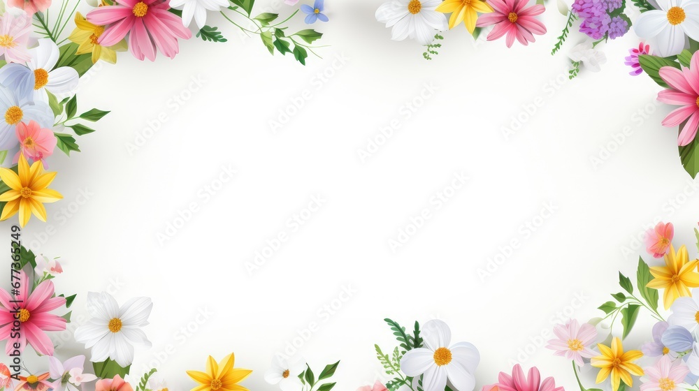 Stunning, colorful flower border with ample white space, a perfect template for cards, wedding invites, and diverse graphic designs.