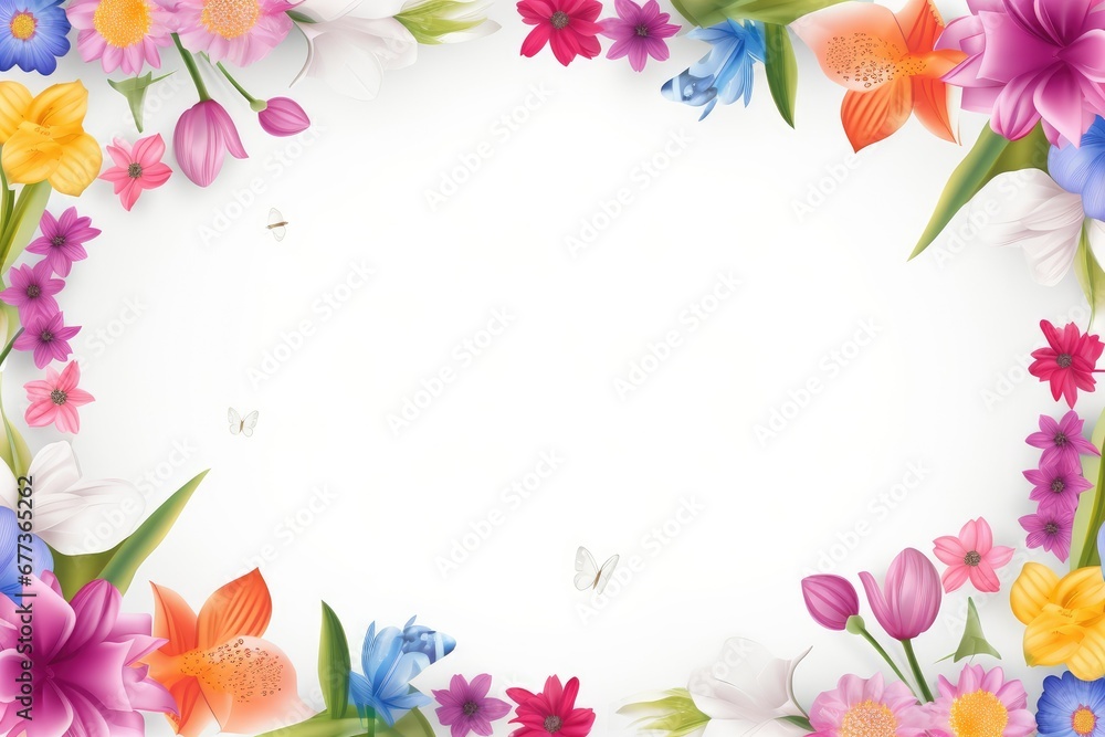 Fototapeta premium Stunning, colorful flower border with ample white space, a perfect template for cards, wedding invites, and diverse graphic designs.