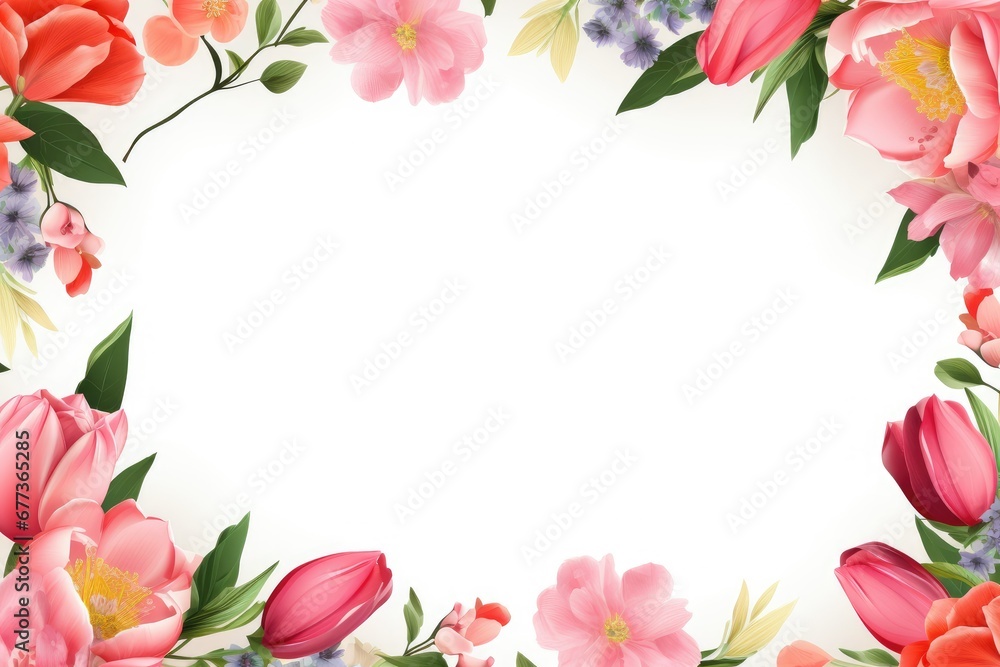Naklejka premium Stunning, colorful flower border with ample white space, a perfect template for cards, wedding invites, and diverse graphic designs.