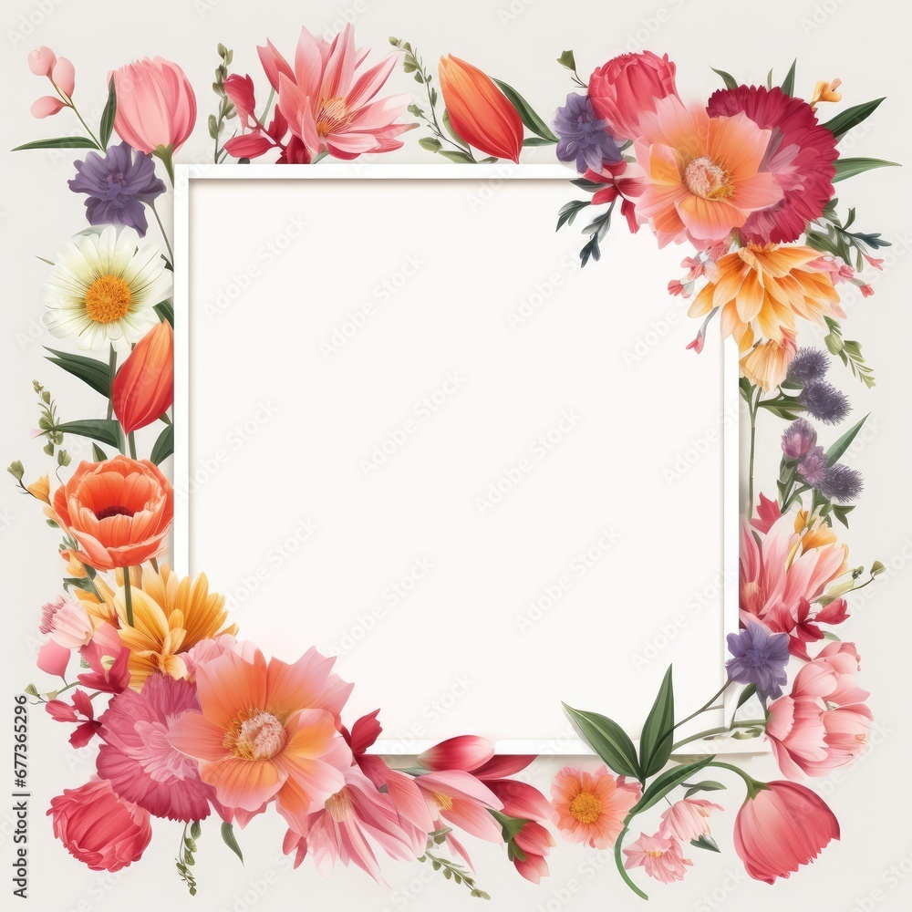 Fototapeta premium Stunning, colorful flower border with ample white space, a perfect template for cards, wedding invites, and diverse graphic designs.