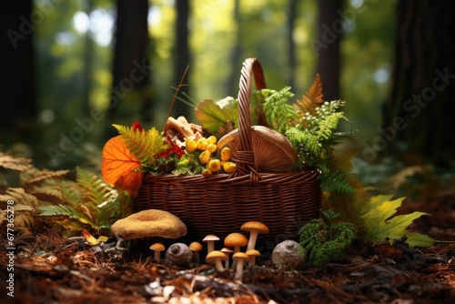 A basket of mushrooms in forest in Spring. Spring seasonal concept.