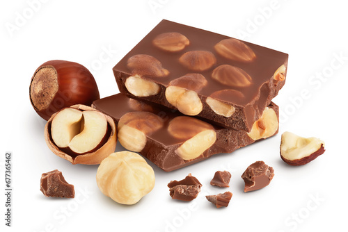 Chocolate with hazelnuts isolated on white background with full depth of field.