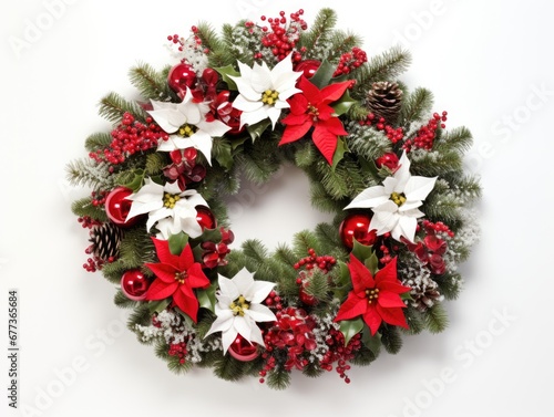 Isolated image of holiday wreath with decorations on white background. Winter seasonal concept.