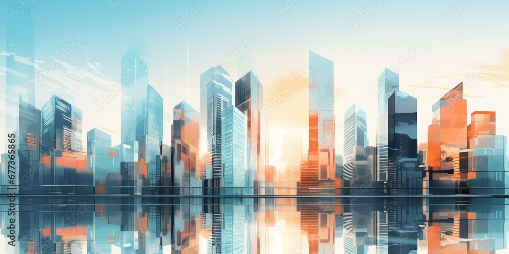 Skyscrapers background at sunset or sunrise, geometric pattern of towers, perspective graphic painting of buildings - Architectural illustration for financial, corporate and business brochure template - obrazy, fototapety, plakaty 