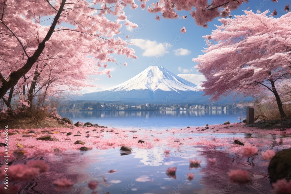 Mt Fuji and beautiful blooming cherry blossom woods by lake in Spring. Spring seasonal concept.