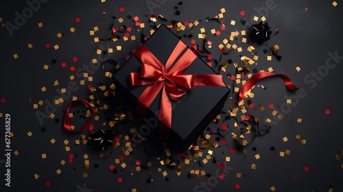 Black Gift Box. Festive Black Friday surprise! Top view black gift box, adorned with vibrant red ribbon, surrounded by golden star-shaped confetti, set against rich marsala backdrop. Decor concept