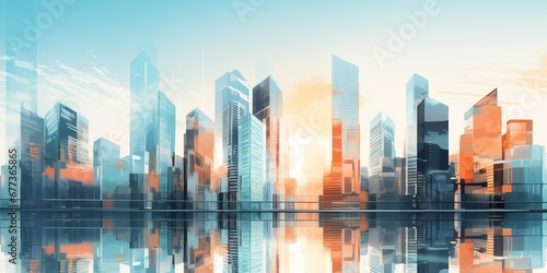 Skyscrapers background at sunset or sunrise, geometric pattern of towers, perspective graphic painting of buildings - Architectural illustration for financial, corporate and business brochure template photo