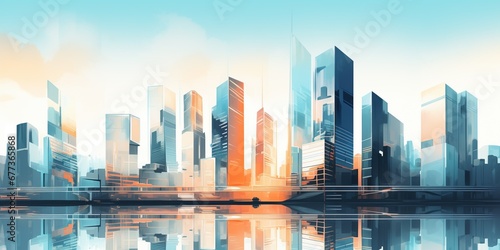 Skyscrapers background at sunset or sunrise, geometric pattern of towers, perspe Fototapet