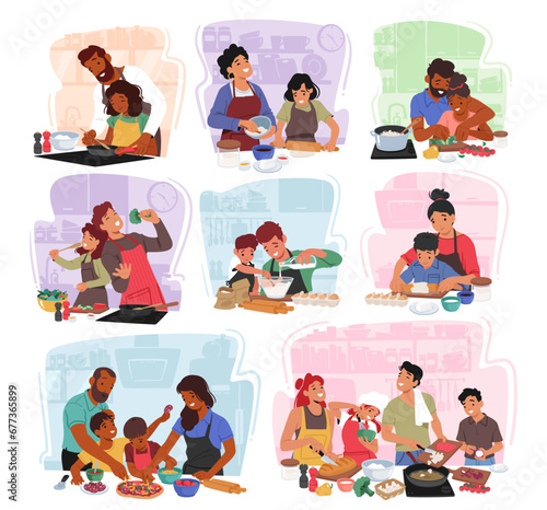 Parents And Kids Characters Joyfully Cooking Together, Flour Dusting The Air, Shared Smiles And Cherished Bonding