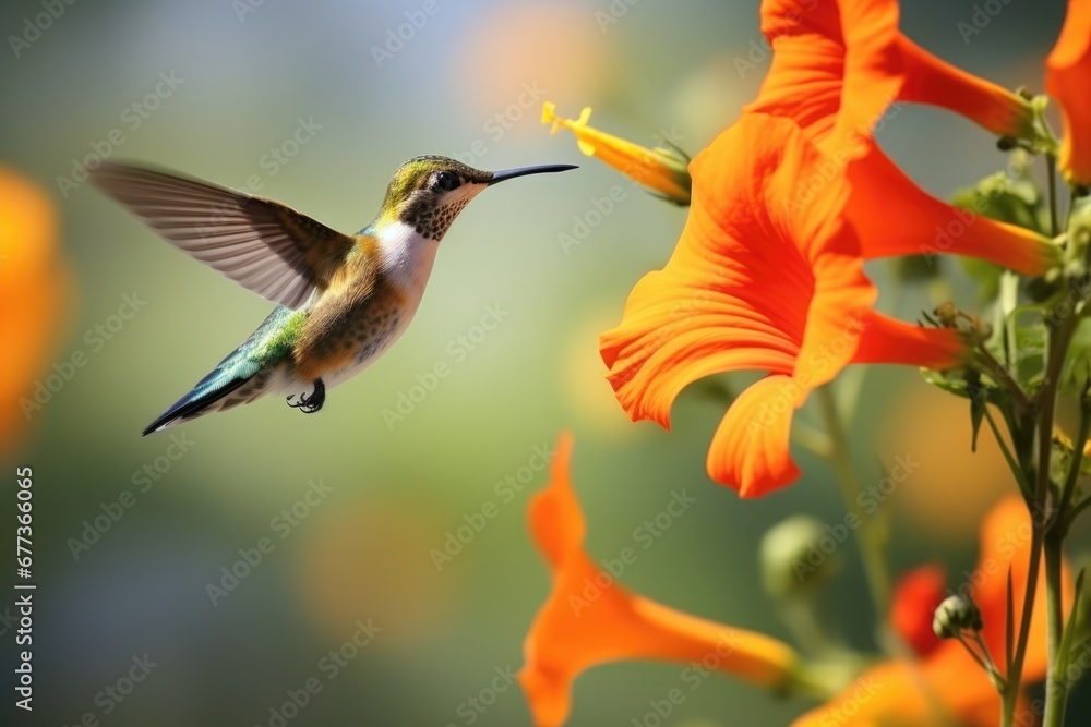 Fototapeta premium A humming bird fly near a booming flower. Spring seasonal concept.