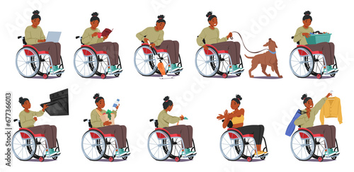 Disabled Woman In Wheelchair Tackles Household Chores. Female Character Shopping, Walking With Dog, Reading