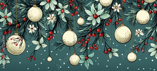 Christmas balls and Christmas flowers illustration flat lay sketch texture. Christmas theme. Horizontal format for banners, posters, gift cads, advertising. AI generated.